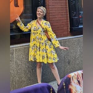 Yellow Floral Long Sleeved Dress